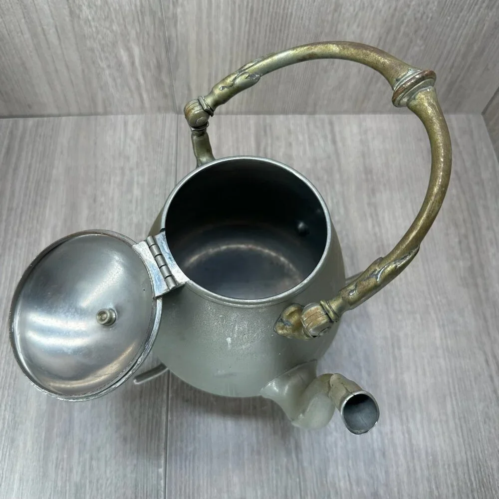 Vintage Decorative Metal Teapot with Ornate Brass Handle Hinged Lid Silver Tone